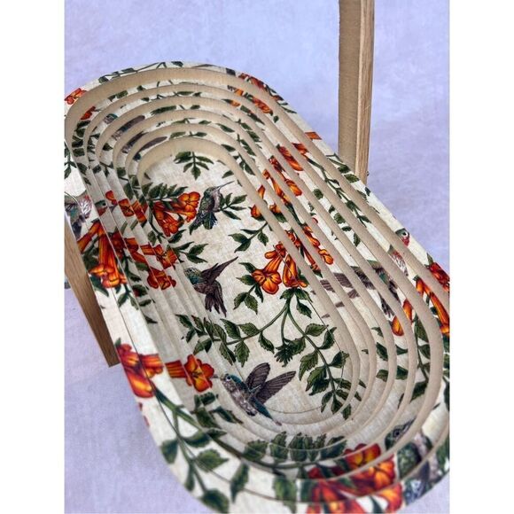 Vintage Mod MCM Floral Collapsible Wooden Basket Bowl Wall Art Decor Hummingbird - Picture 4 of 7